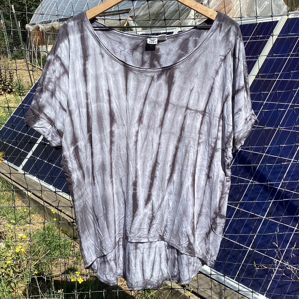 Roxy Black Gray Tie-Dye Short Sleeve Relaxed T-shirt Sz M Boho Hippie Athleisure